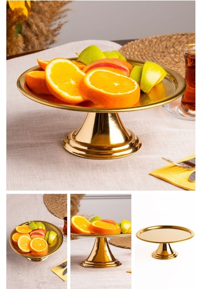 Gold Yuvarlak, Ayaklı Şık Kek, Pasta, Kurabiye Ve Tatlı Servis Sunum Standı Gold