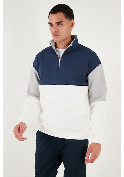 Buratti Renk Bloklu Regular Fit Yarım Fermuarlı Dik Yaka Erkek Sweat 5905719 Ekru