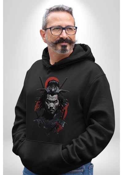 Asyalı Japon Samuray Savaşcı Kadın Erkek Siyah Kapüşonlu Sweatshirt Hoodie Siyah