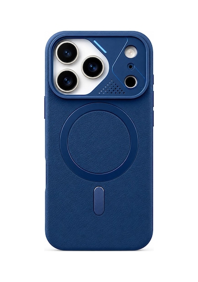 Apple iPhone 17 Pro Max Uyumlu İçi Kadife Magsafe Vegan Deri Kılıf Nut Serisi Lacivert