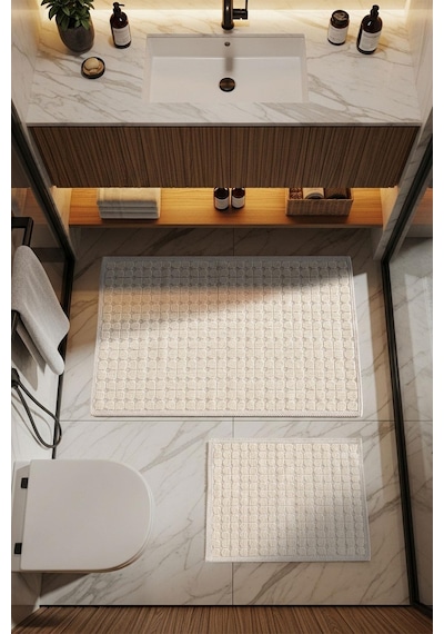 Sakura Sk009a Doğal Pamuk 2'li Banyo Paspas Seti 60x100 60x50cm Kaymaz Taban Makinada Yıkanabilir Kemik