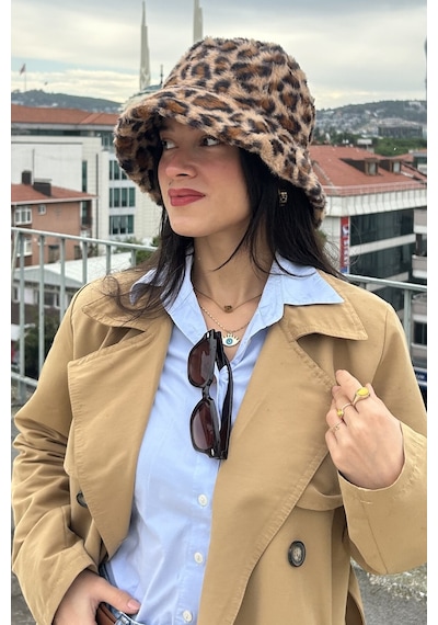 Mollycrush Kadın Kışlık Leopar Desenli Peluş Şapka Soğuk Geçirmez Sıcak Tutan Bucket Camel Leopar