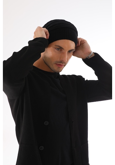Ritagarcia Unisex Arkası İpli Büzgülü Triko Bere Kışlık Dökümlü Slouchy Beanie Bere Siyah