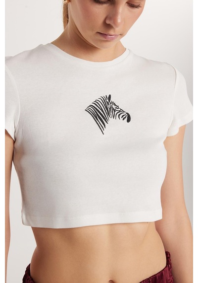 Tudors Kadın Slim Fit Dar Kesim %100 Pamuk Bisiklet Yaka Baskılı Beyaz Crop Tişört-33684 Beyaz