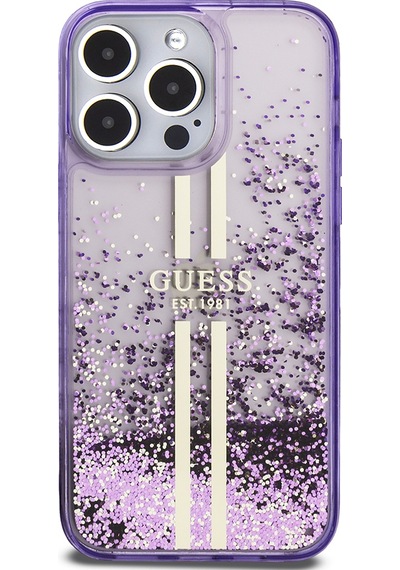 Apple Uyumlu iPhone 14 Pro Max Kılıf Guess Lisanslı Transparan Sıvılı Simli Altın Çizgili Kapak Mor