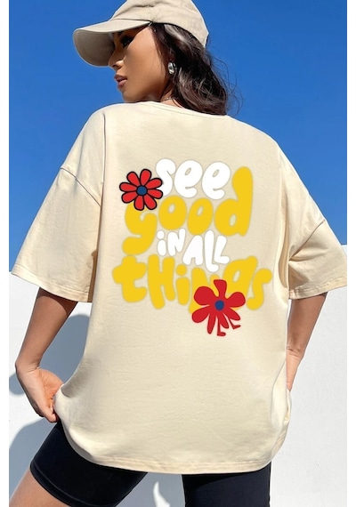 Uyguntarz Unisex Good Things Tasarım T-shirt Bej