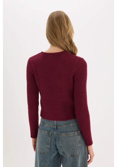 DeFacto Regular Fit Bisiklet Yaka Bağlamalı Basic Düz Triko Bordo Hırka E6914AX25SPBR188 Bordo