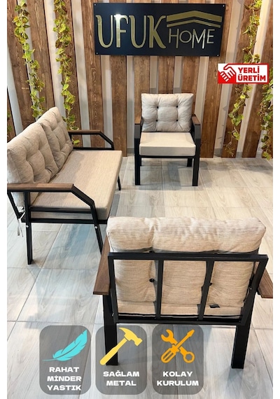 Ard & Garden 2 1 1 Balkon Takımı, Çay Seti, Metal Koltuk Takımı, Bahçe Takımı, Bahçe Mobilyası Bej