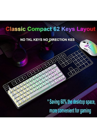 Trol Red Switch Mini Rgb Oyun Klavyesi Gaming Mekanik 62 Tuşlu 18 Led Usb Type-c Kablosu Beyaz Lcd