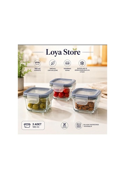 Loya Store 365+ Cam Saklama Kabı 180 Ml Kare 3 Lü Set Şeffaf Şeffaf