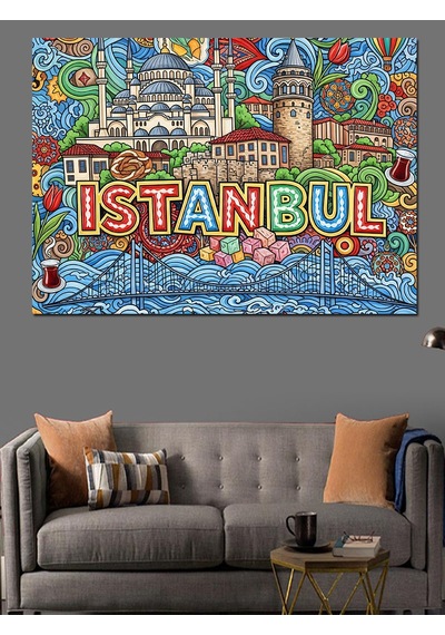 Ahşap Tablo Renkli İstanbul Yazılı Şehir Kolajı