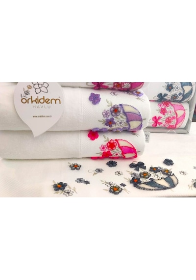 6.lı Set Annem 50x90 Cm. Özel Tafting Nakışlı Kadife Doku Çeyizlik Lüks Havlu Seti Beyaz Beyazşemsiye Beyaz