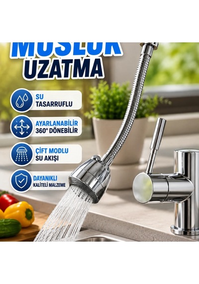 360 Döner Esnek Spiral Musluk Uzatma Aparatı Krom Su Tasarruflu Ayarlanabilir Başlık