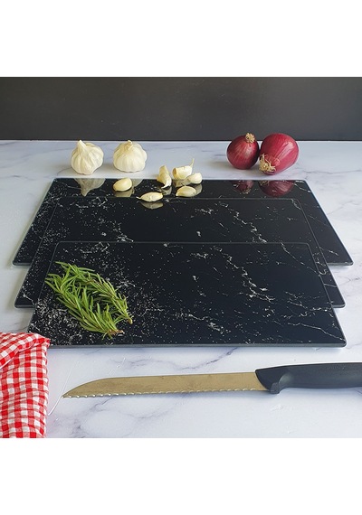 Decorita Cam Kesme Tahtası | Siyah Mermer Görünümlü | 3'lü Takım