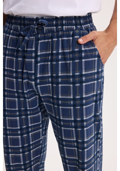 Tudors Erkek Standart Fit Normal Kesim Pamuklu Kareli Beli Bağcıklı Cepli Lacivert Pijama Altı-51261