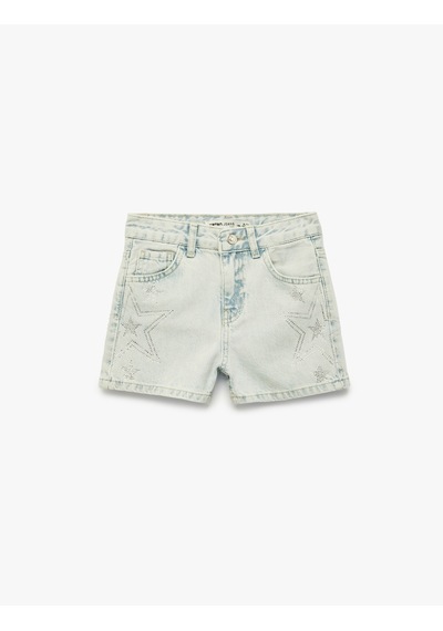 Koton Pamuklu Yıldız Desenli Denim Şort Lıght Indıgo 6skg40112ad Açık Mavi