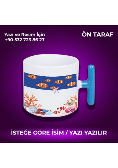 Kişiye Özel Balık Desenli T Kulplu Renkli Kupa- Çok Hoş Hediye Mavi
