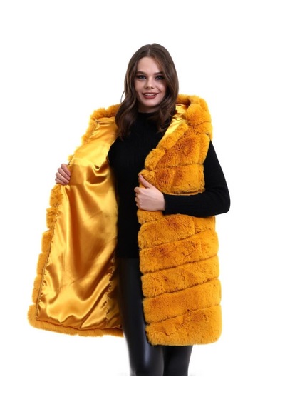 Dogutrend Kapşonlu Peluş Kürk Yelek Premium Kalite, Tam Astarlı, Uzun Model - Sarı