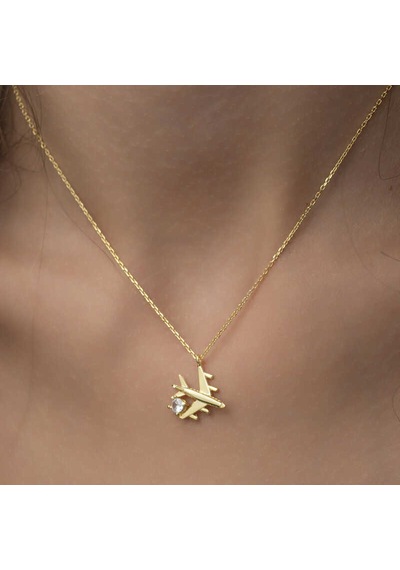 Gümüş Gold Tek Taşlı Uçak Kadın Kolye Sl2044 Gümüş