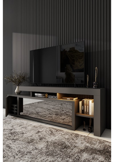 Dekoratif Elektrikli Yapay Şömine Ve Tv Ünitesi 160cm X 52cm Kumandalı Bluetooth Ses Antrasit