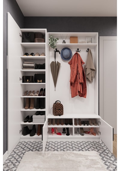 Lüks Çok Raflı Portmanto Askılı Vestiyer %100 Mdf Çok Raflı Ayakkabılık V01 Beyaz