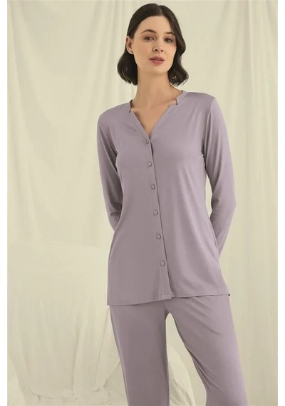 Ang Butik Kadın Uzun Kollu Boydan Düğmeli V Yaka Pijama Takımı Gri