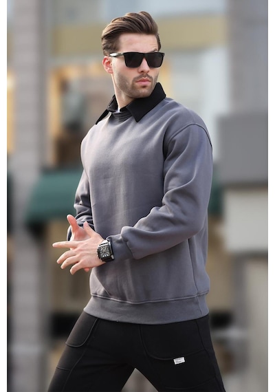 Madmext Füme Polo Yaka Erkek Sweatshirt 7086 Füme