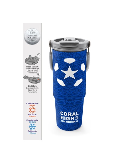 Coral High Lacivert Saks Futbol Desenli Pipetli Ve Direkt İçim Çelik Termos 900 Ml 38721 Saks Mavi