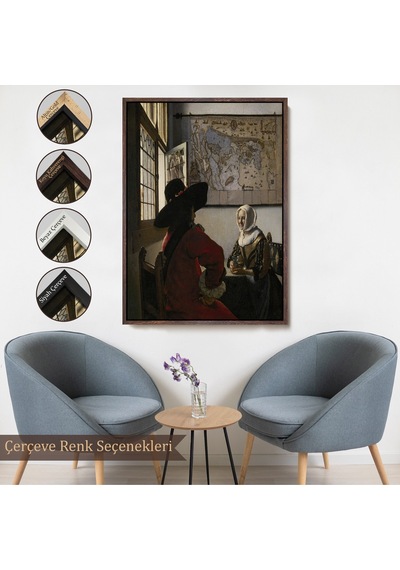 Çerçeveli Johannes Vermeer - Memur Ve Gülen Kız Tablo - Officer And Laughing Girl-7366
