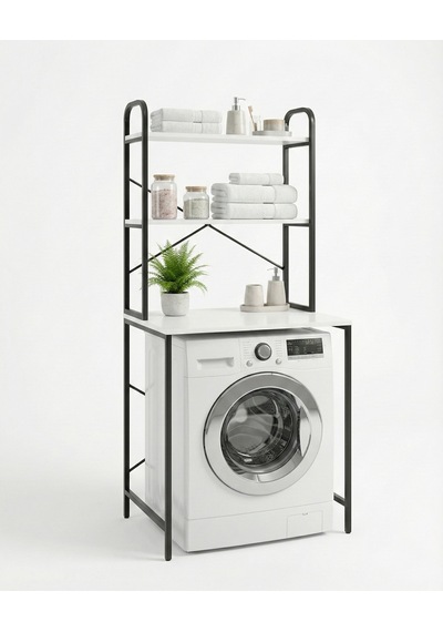 Çamaşır Makinesi Dolabı 2 Katlı Geniş Depolama Raf Ünitesi Metal Banyo Organizer Standı 293 Siyah Çok Renkli