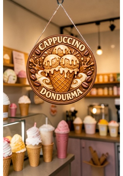 Cappucino Dondurma Görselli Ahşap İpli Kapı Duvar Süsü Modern Cafe Duvar Pano