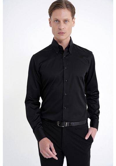 Slim Fit Düğmeli Yüksek Yaka %100 Pamuk Saten Düz Siyah Gömlek Gk 760