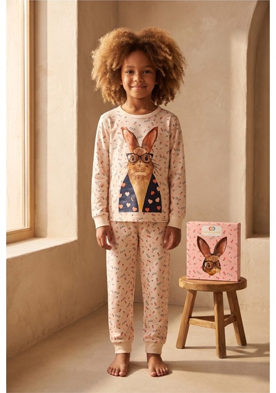 Katia&bony Kız Çocuk Tavşan Desenli Kutulu Pijama Takımı Lacivert