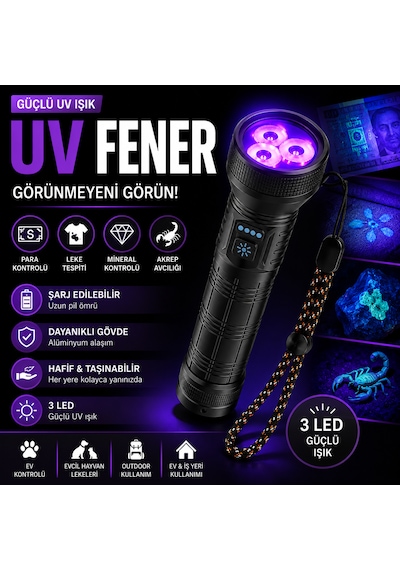 İdragon Sv85 Şarj Edilebilir Uv Fener, 3 Led Güçlü Uv El Feneri, Para Kontrol, Mineral Ve Leke Tespit Feneri Siyah
