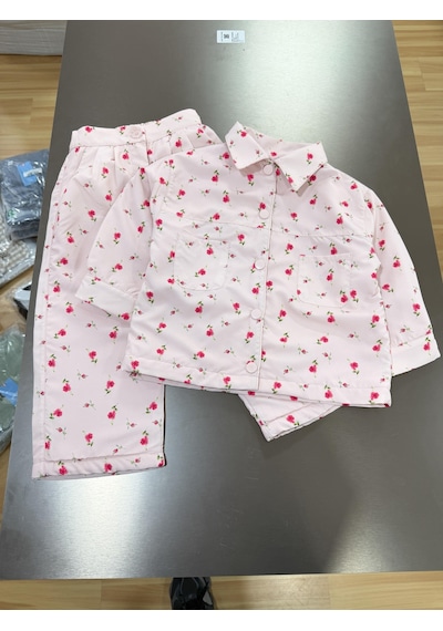 Magu Kız Çocuk Pamuklu Pembe Çiçek Desenli Ceket Yaka Pantolon Takım Pembe