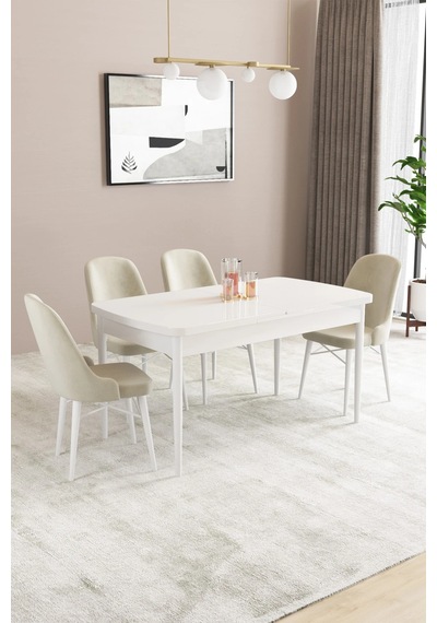 Familieconcept Almira Serisi, Beyaz 80x132 Açılabilir Mdf Mutfak Masası Takımı 4 Adet Sandalye Krem Familieconcept Almira Serisi, Beyaz 80x132 Açılabilir Mdf Mutfak Masası Takımı 4 Adet Sandalye Krem