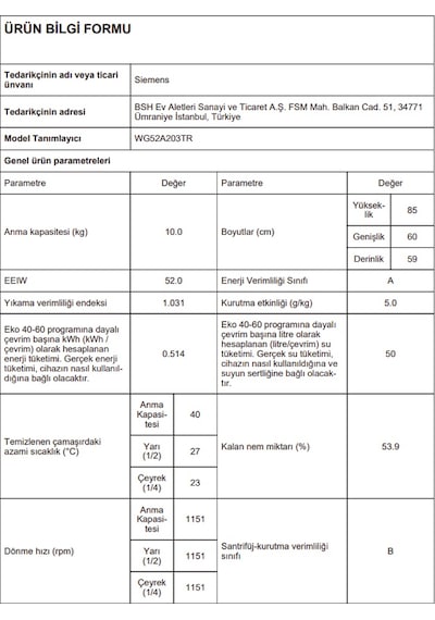 Siemens WG52A203TR 10 KG 1200 IQ300 Çamaşır Makinesi