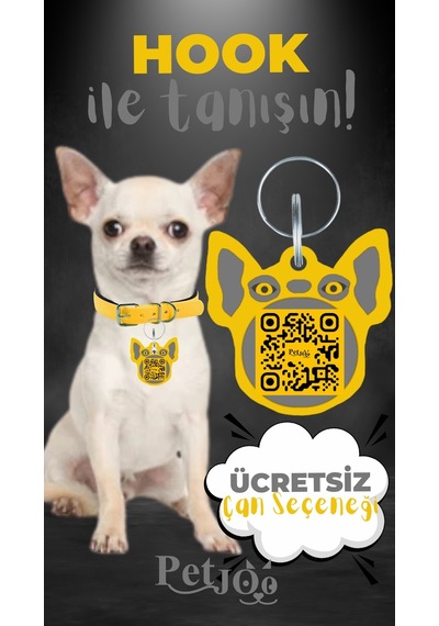 Petjoo 7.Hook Gri-Sarı Qr'lı Köpek Künyesi