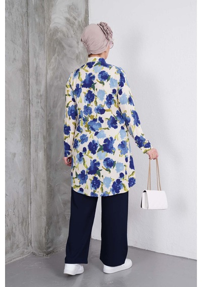 Polologin Butik Mavi Yeşil Desenli Tunik Pantolon Takım Mavi & Yeşil & Lacivert