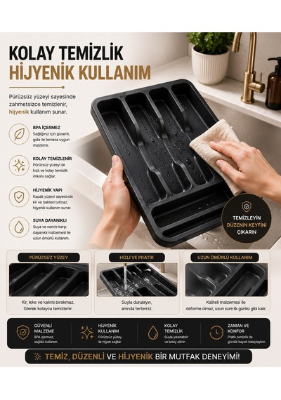 6 Bölmeli Çekmece İçi Kaşıklık, Plastik Çatal Bıçak Organizeri, Mutfak Düzenleyici Gri S-11003