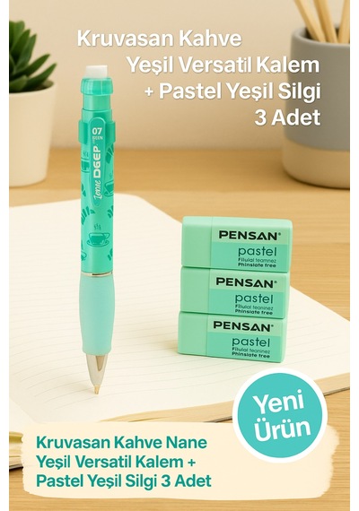 Kruvasan Kahve Yeşil Versatil Kalem + Pastel Yeşil Silgi 3 Adet Nane Yeşil