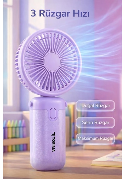 Şarjlı El Vantilatörü Masaüstü Stantlı 3 Kademeli Taşınabilir Mini Fan F57 Mor
