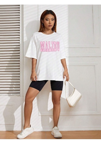 Malibu T-shirt - Beyaz Baskılı Oversize Bisiklet Yaka Kısa Kol Tişört Beyaz
