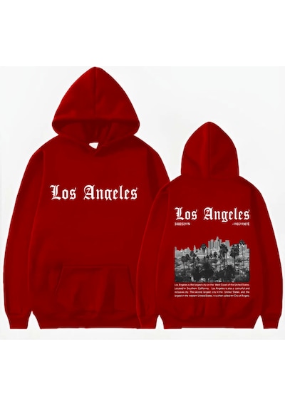 Startmore Los Angeles Basklı Kapişonlu Sweatshirt Kırmızı