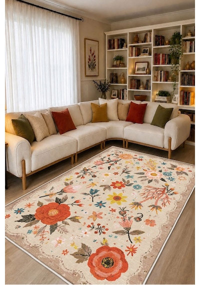 STY Home Krem Çiçekli Dijital Baskı Halı Kaymaz Tabanlı Yıkanabilir Halı Yolluk Salon Halısı141