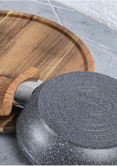 Granit Kaplama Sahan - Alüminyum Döküm, Ahşap Kulplu Sahan -18 Cm Gri