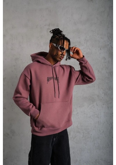 Mbb E-ticaret Erkek 3 İplik Pamuklu Baskılı Kapüşonlu Cepli Sweatshirt Hoodie - Gül Kurusu Gülkurusu