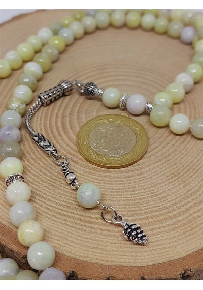 Peridot Zebercet Taşı Yeşil-beyaz Alacalı 99luk Tesbih 8mm 231