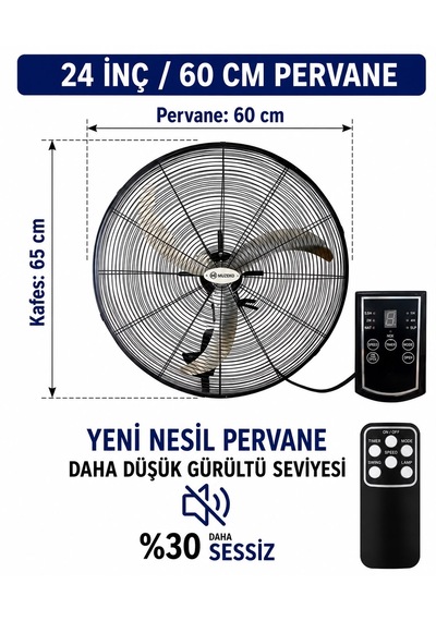 Muzeko Mzk600 24 Inç 60cm 160w Zaman Ayarlı Kumandalı Duvar Tipi Sanayi Vantilatör Evde Kullanım İçin Uygun Değildir
