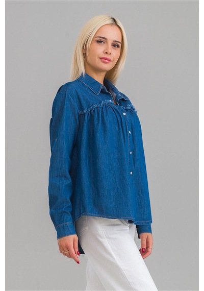 Bold & Young Kadın Pis Dikişli Pamuklu Denim Kumaş Çıtçıtlı Kol Britli Kot Gömlek İndigo